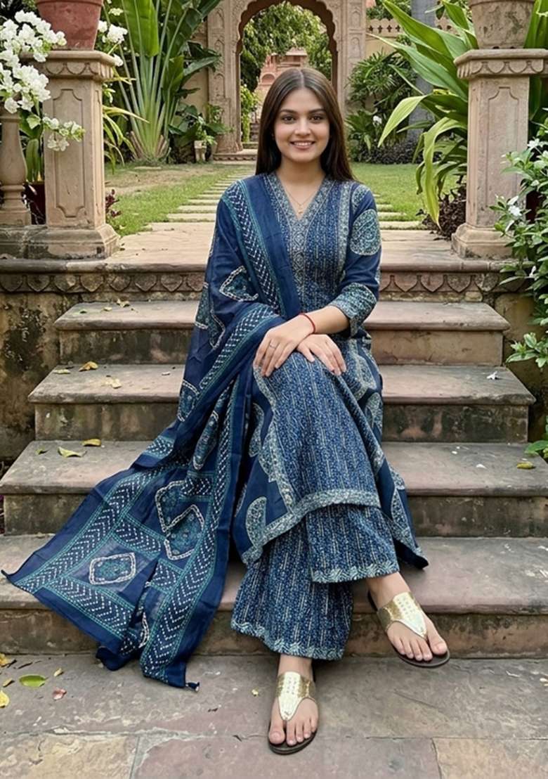 Blue Printed Cotton Kurta Set - Indya