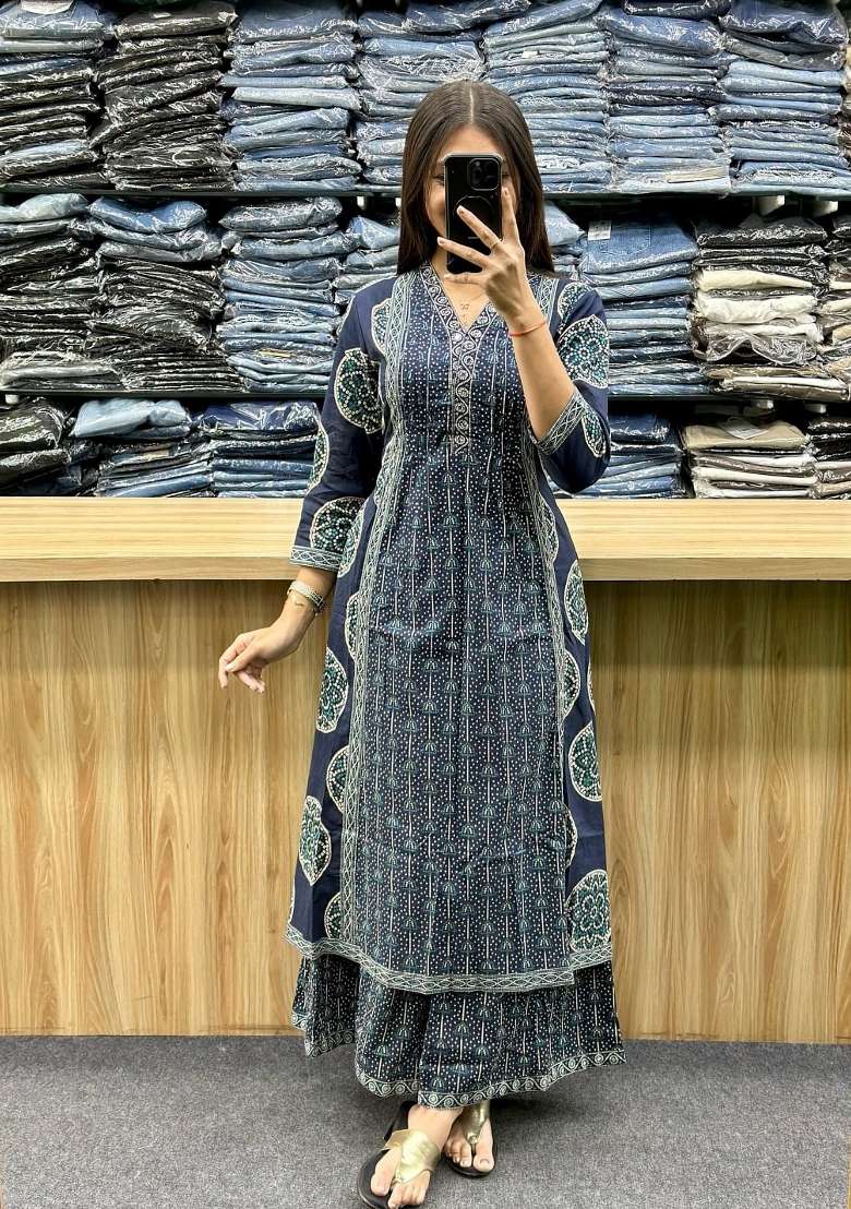 Blue Printed Cotton Kurta Set - Indya