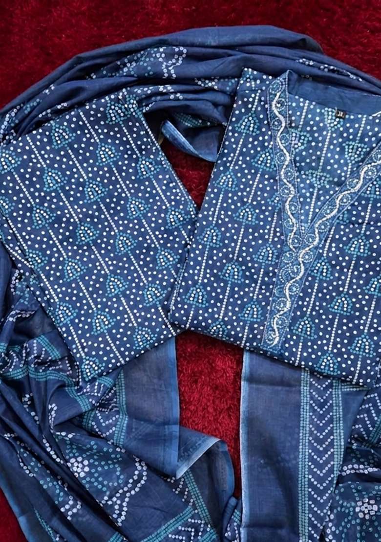 Blue Printed Cotton Kurta Set - Indya