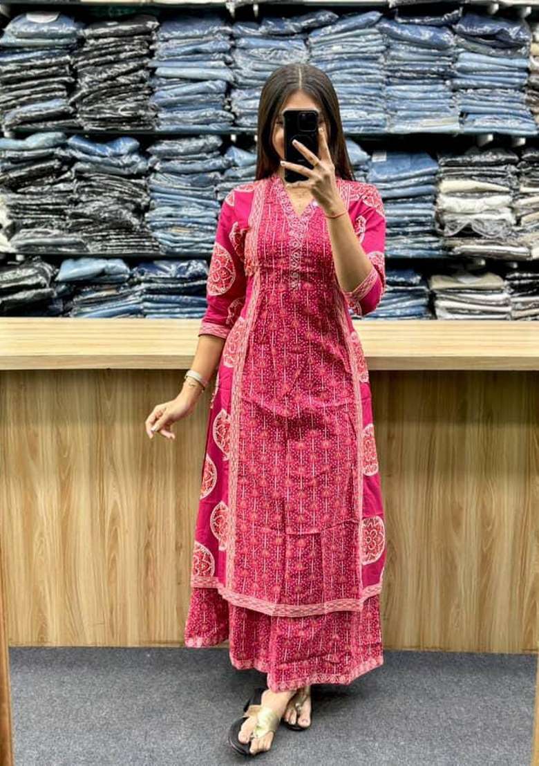 Pink Printed Cotton Kurta Set - Indya