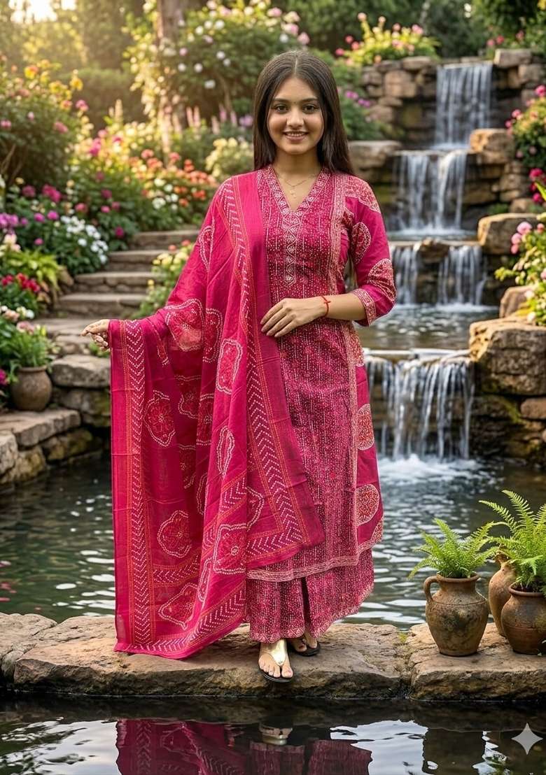 Pink Printed Cotton Kurta Set - Indya