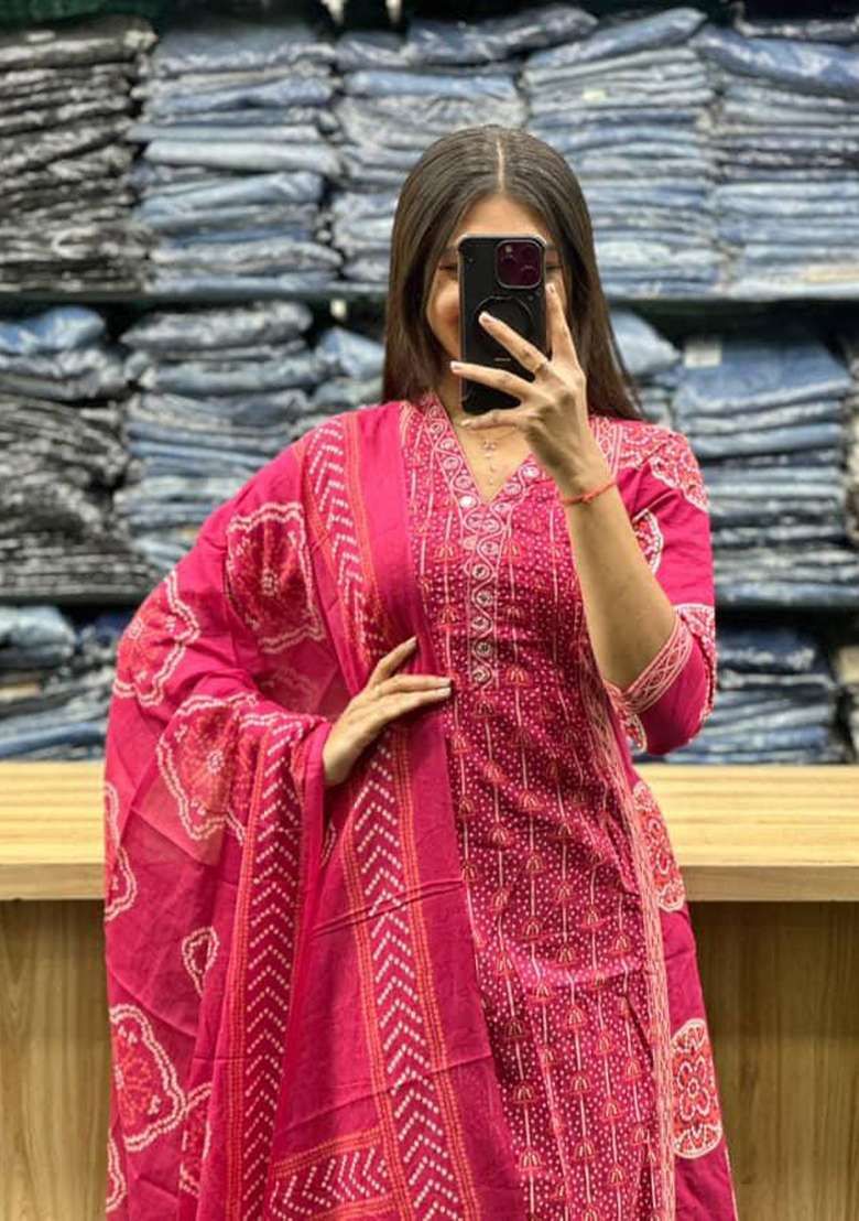 Pink Printed Cotton Kurta Set - Indya