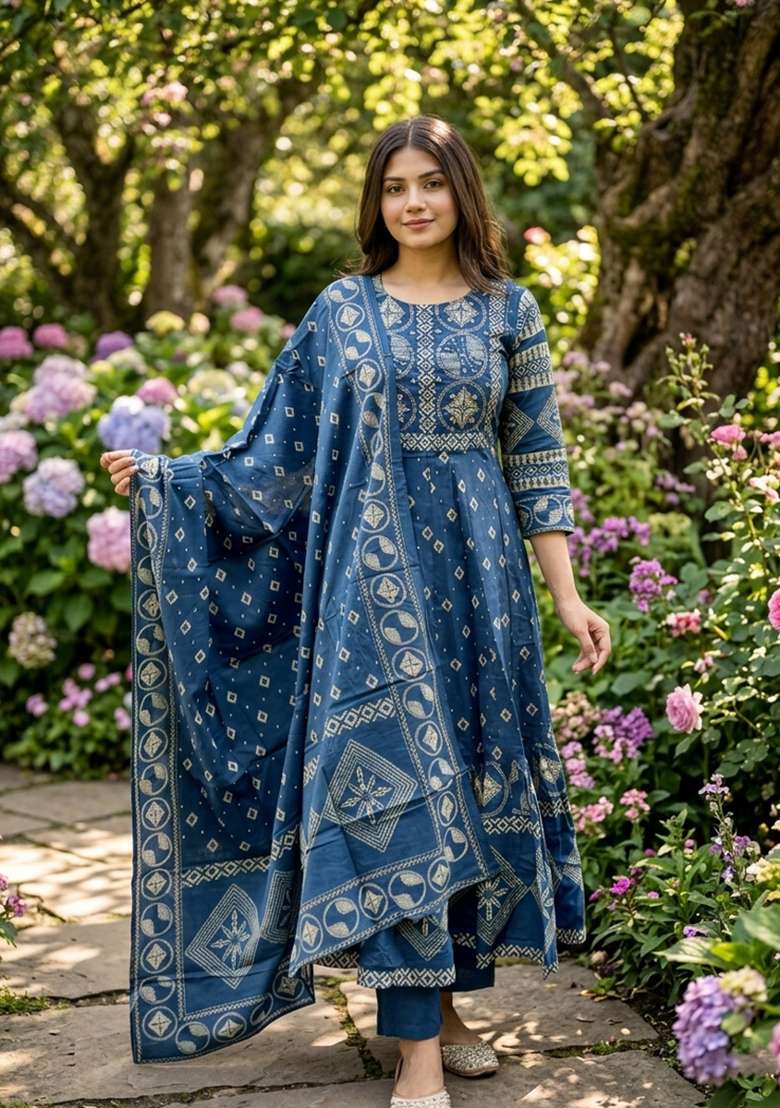 Blue Printed Cotton Kurta Set - Indya