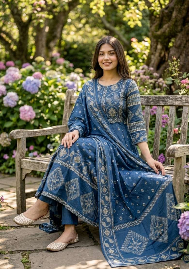 Blue Printed Cotton Kurta Set - Indya