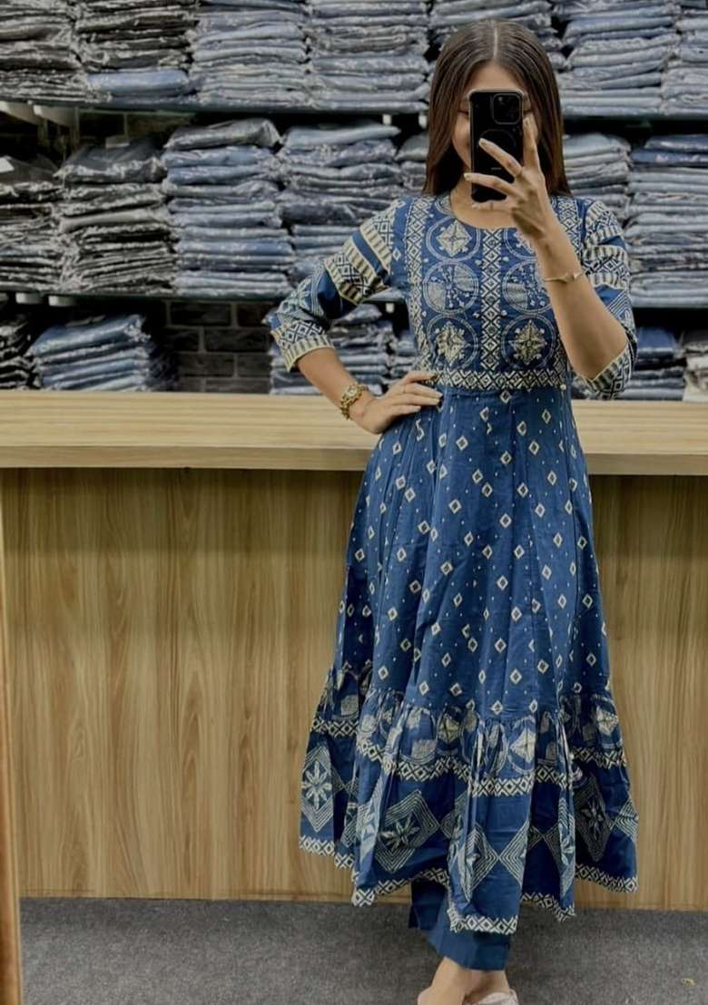 Blue Printed Cotton Kurta Set - Indya