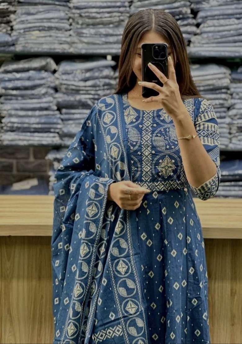 Blue Printed Cotton Kurta Set - Indya