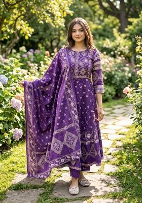 Purple Printed Cotton Kurta Set