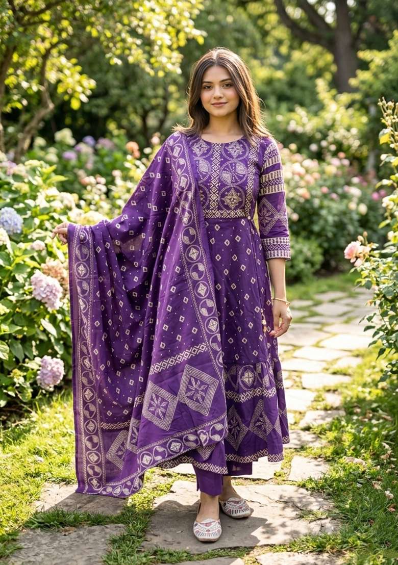 Purple Printed Cotton Kurta Set - Indya