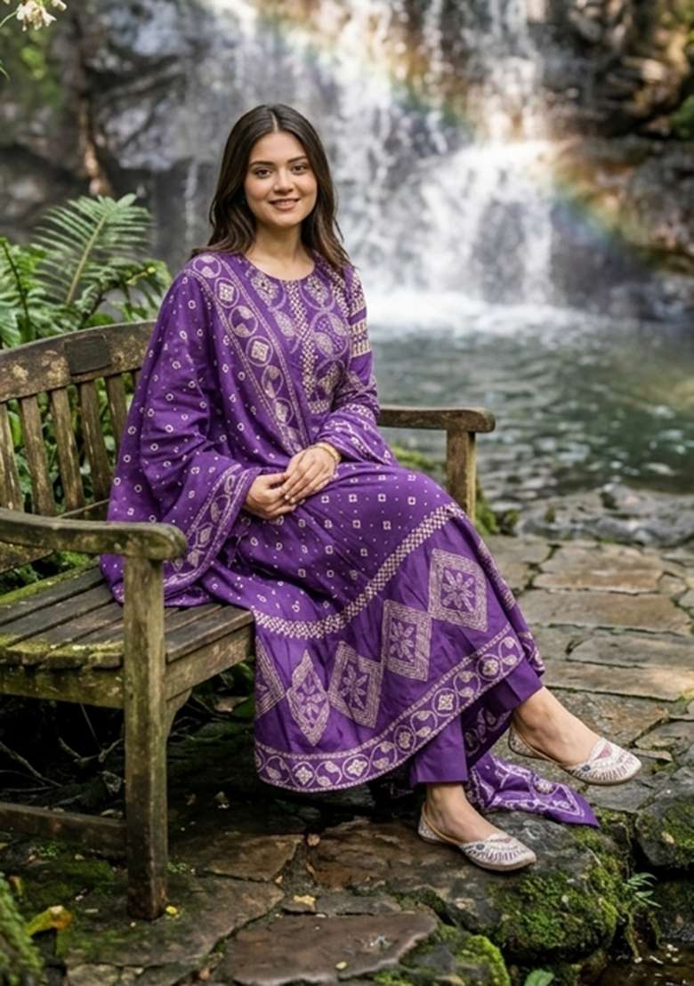 Purple Printed Cotton Kurta Set - Indya