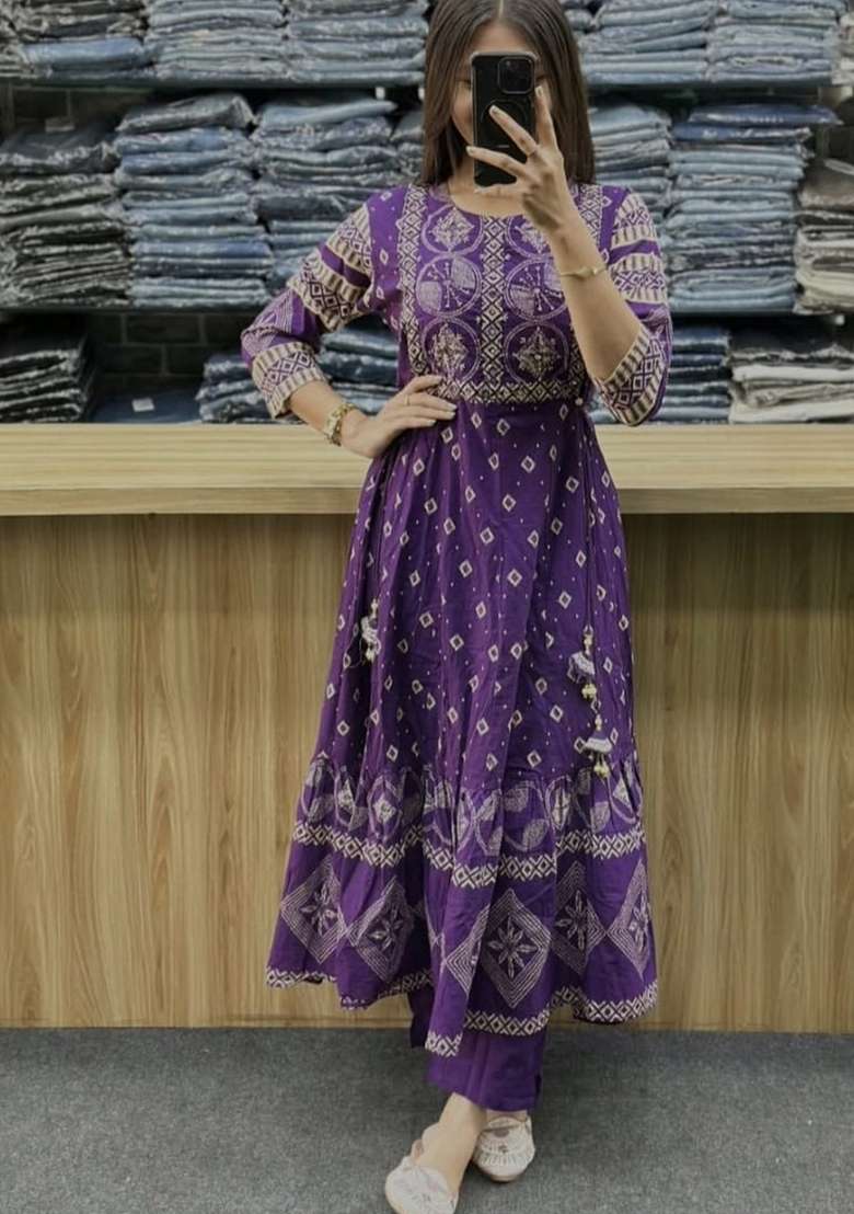 Purple Printed Cotton Kurta Set - Indya