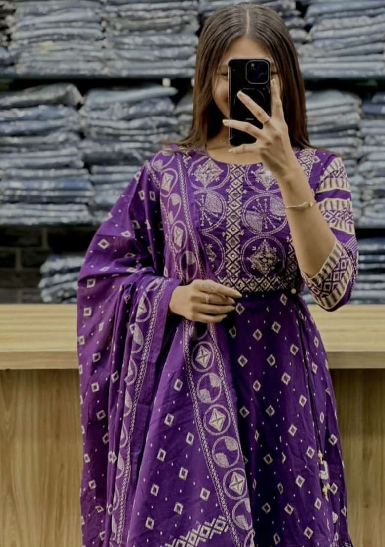 Purple Printed Cotton Kurta Set - Indya