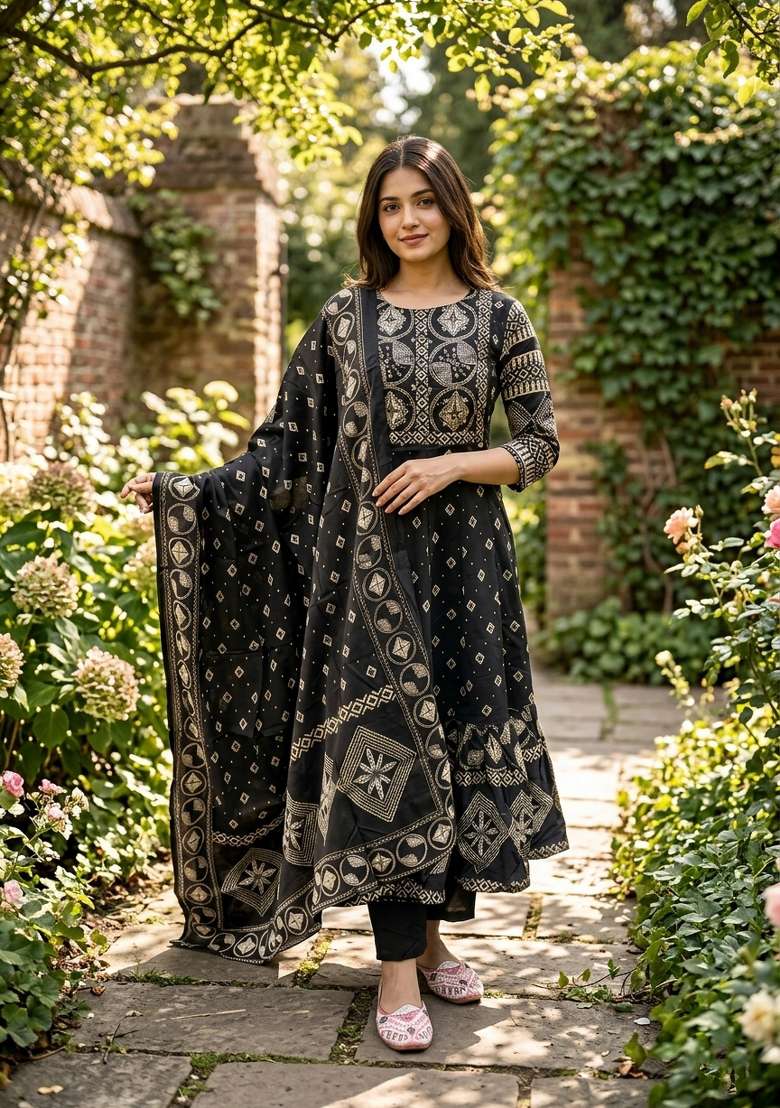 Black Printed Cotton Kurta Set - Indya