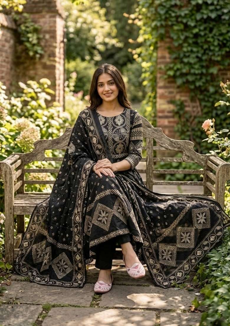 Black Printed Cotton Kurta Set - Indya