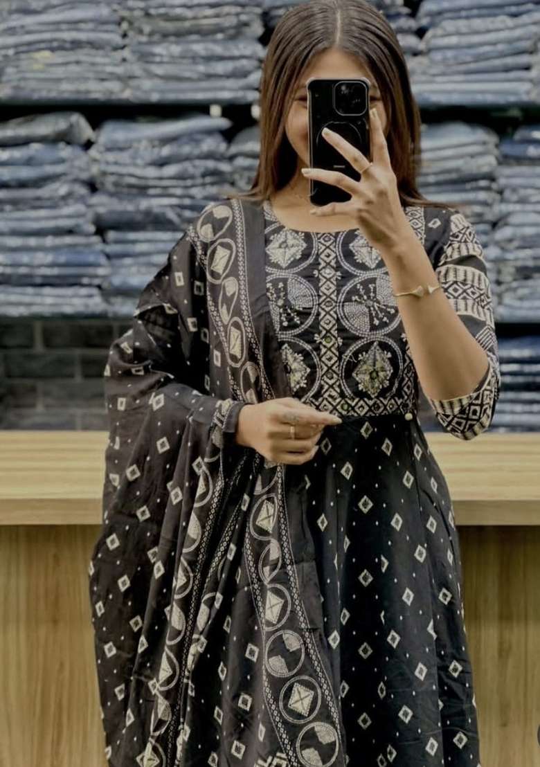 Black Printed Cotton Kurta Set - Indya