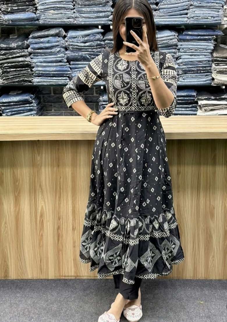 Black Printed Cotton Kurta Set - Indya