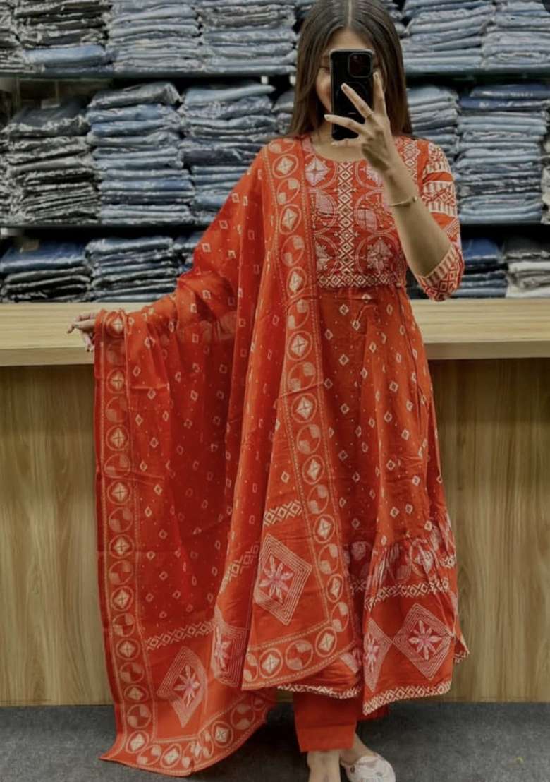 Orange Printed Cotton Kurta Set - Indya