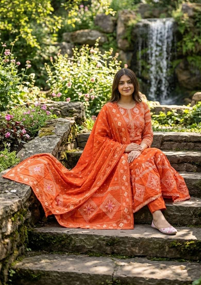 Orange Printed Cotton Kurta Set - Indya