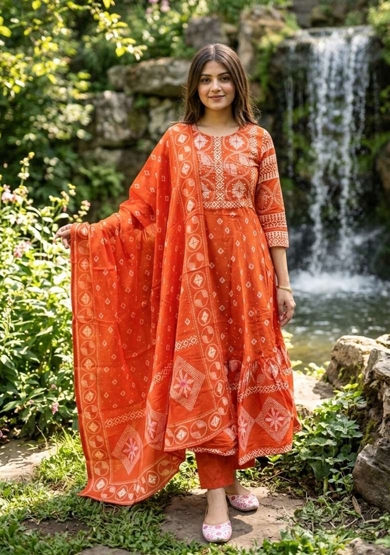 Orange Printed Cotton Kurta Set - Indya