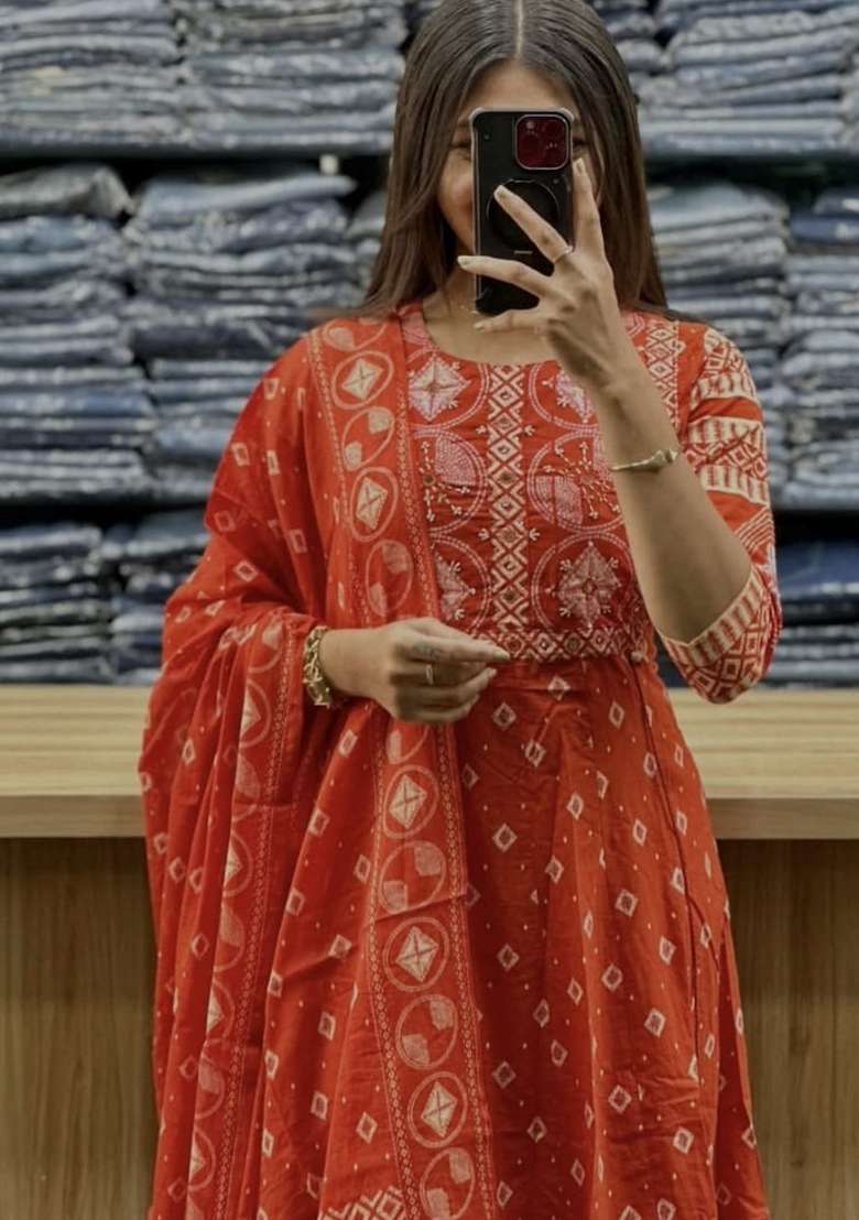 Orange Printed Cotton Kurta Set - Indya