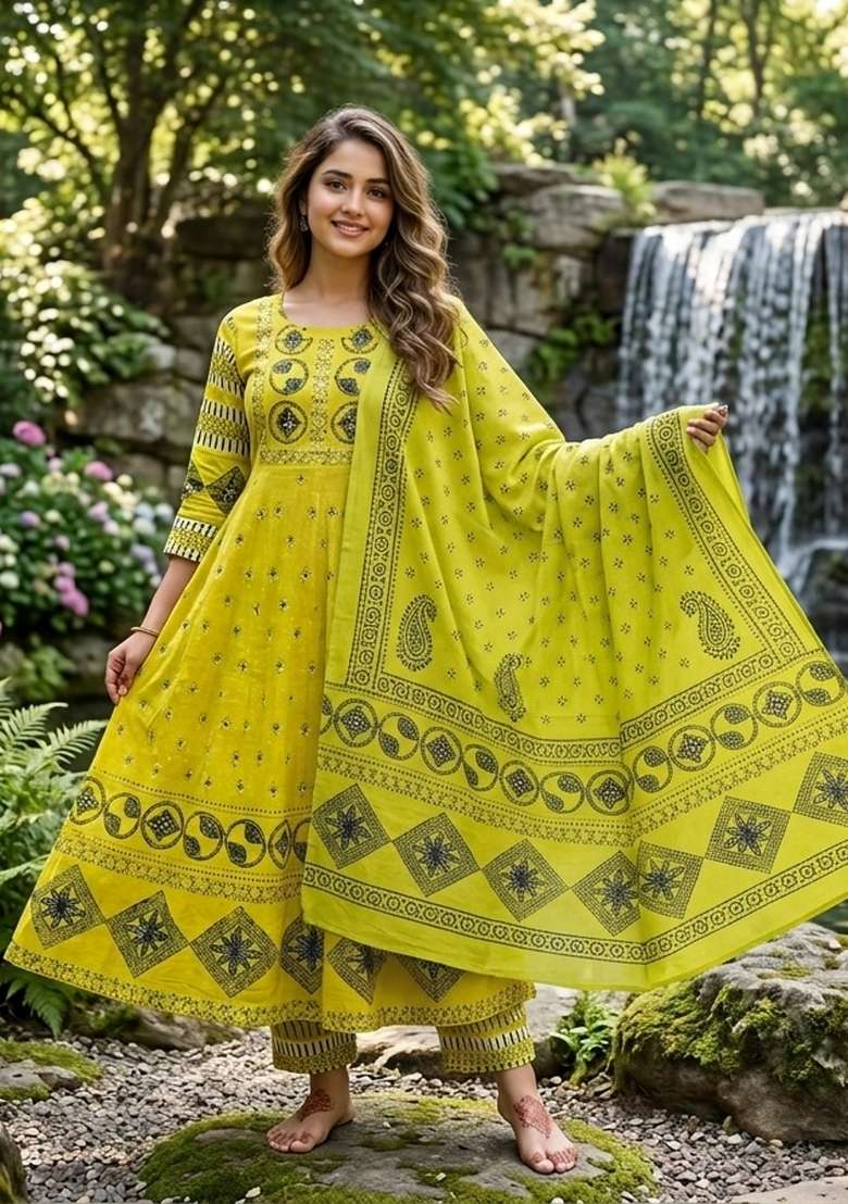 Yellow Printed Cotton Kurta Set - Indya