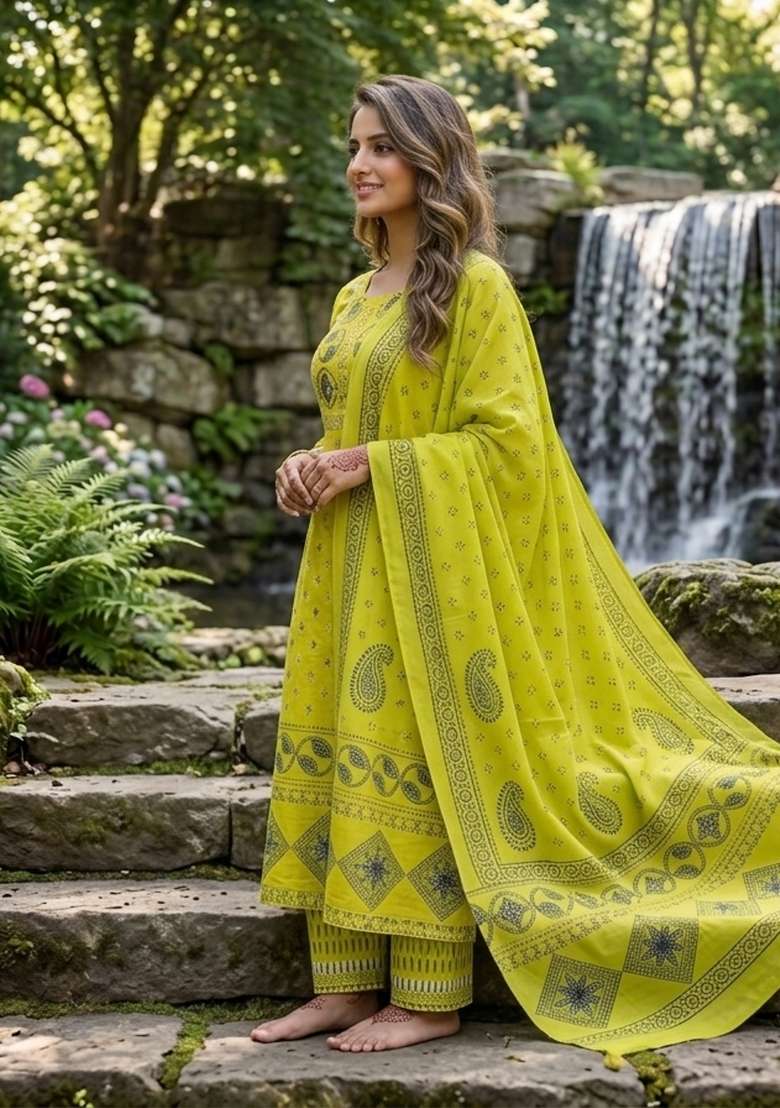 Yellow Printed Cotton Kurta Set - Indya