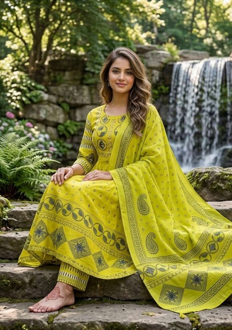 Yellow Printed Cotton Kurta Set - Indya