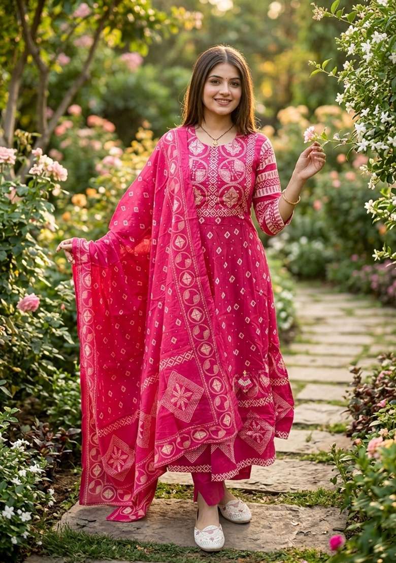 Pink Printed Cotton Kurta Set - Indya