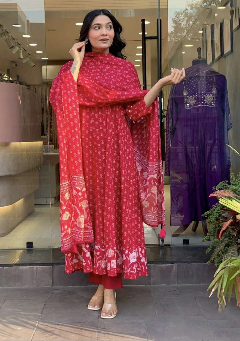 Red Printed Cotton Kurta Set - Indya