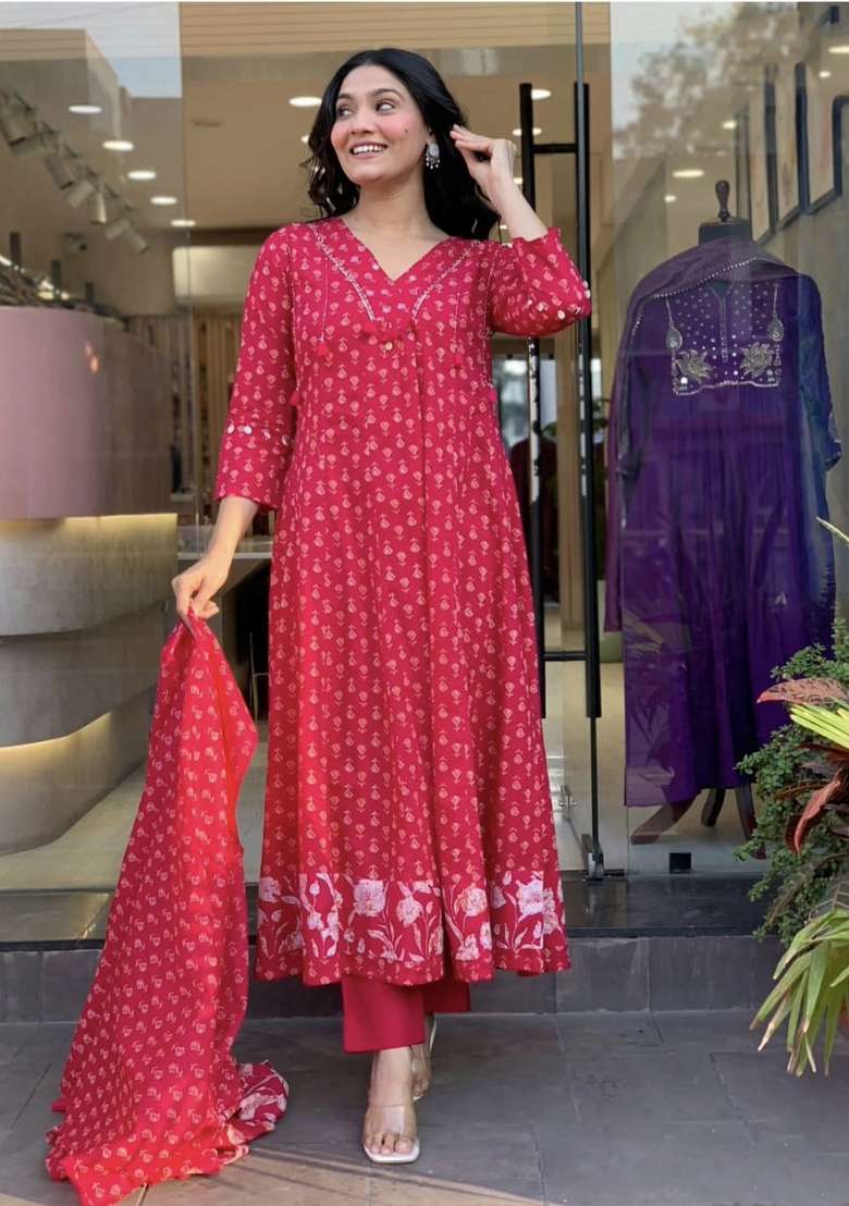 Red Printed Cotton Kurta Set - Indya