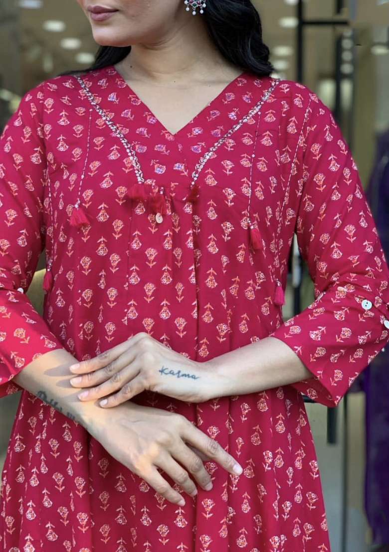 Red Printed Cotton Kurta Set - Indya