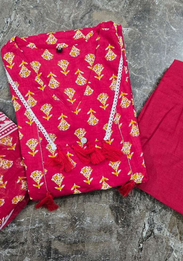 Red Printed Cotton Kurta Set - Indya