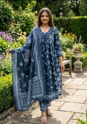Blue Printed Cotton Kurta Set