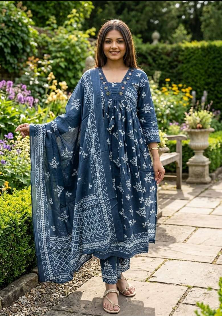 Blue Printed Cotton Kurta Set - Indya