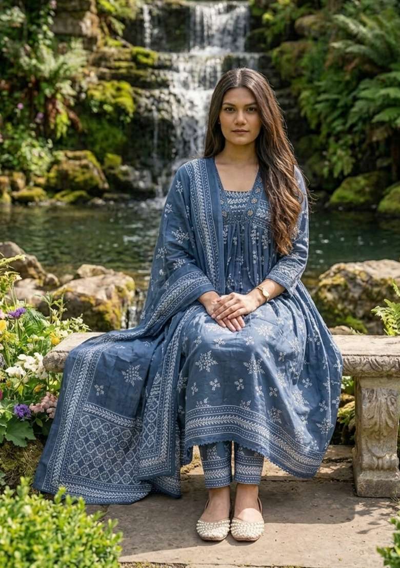 Blue Printed Cotton Kurta Set - Indya