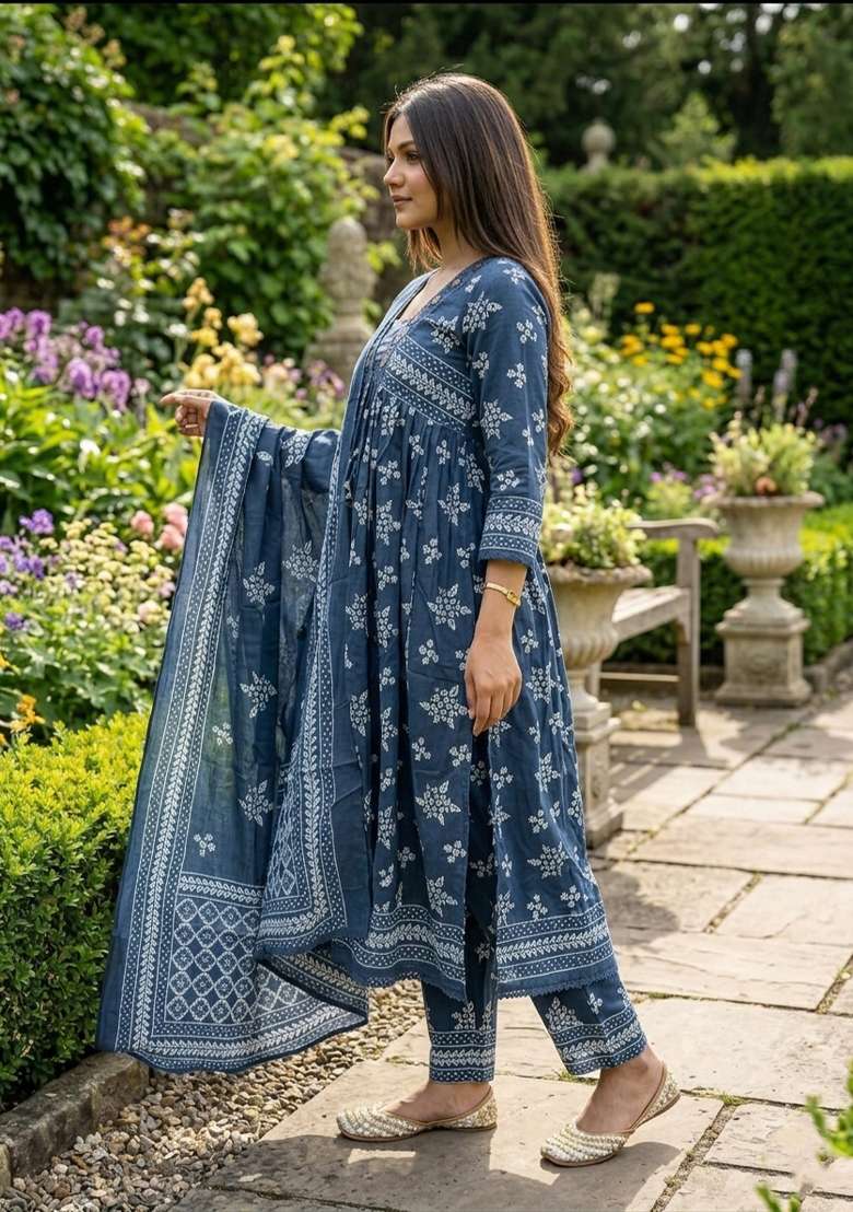 Blue Printed Cotton Kurta Set - Indya