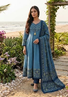 Teal Green Printed Cotton Kurta Set