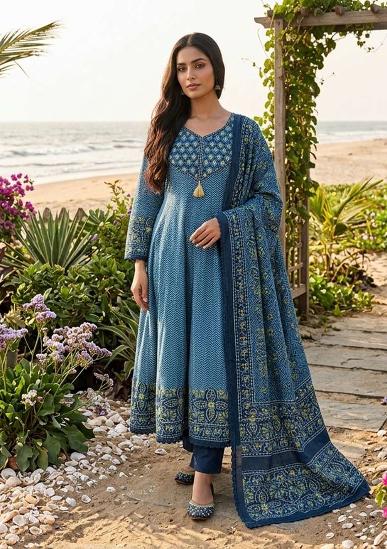 Teal Green Printed Cotton Kurta Set - Indya