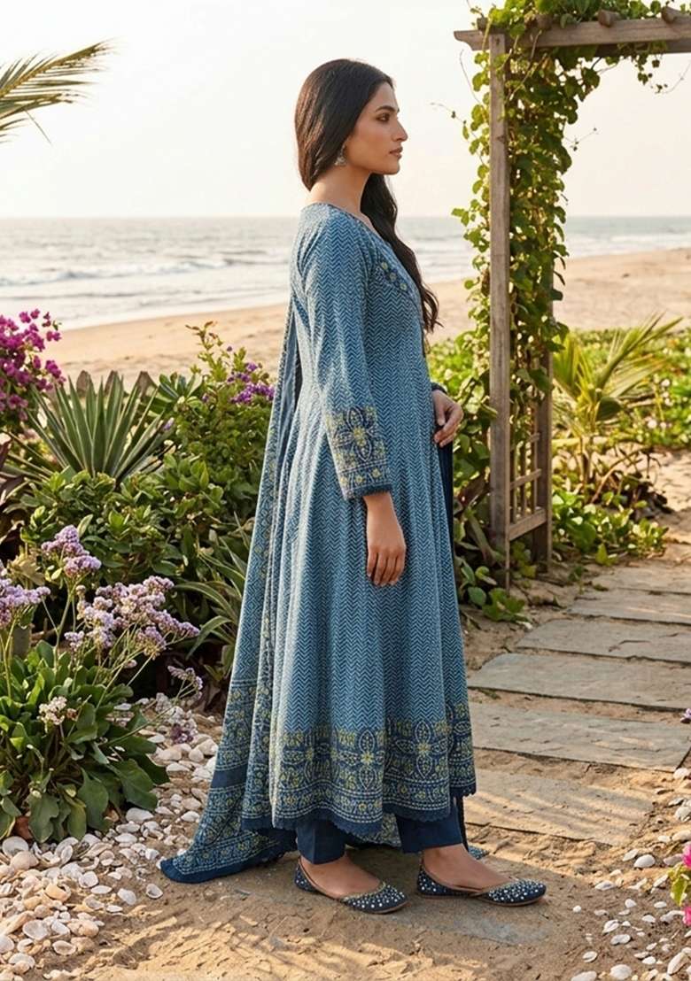 Teal Green Printed Cotton Kurta Set - Indya