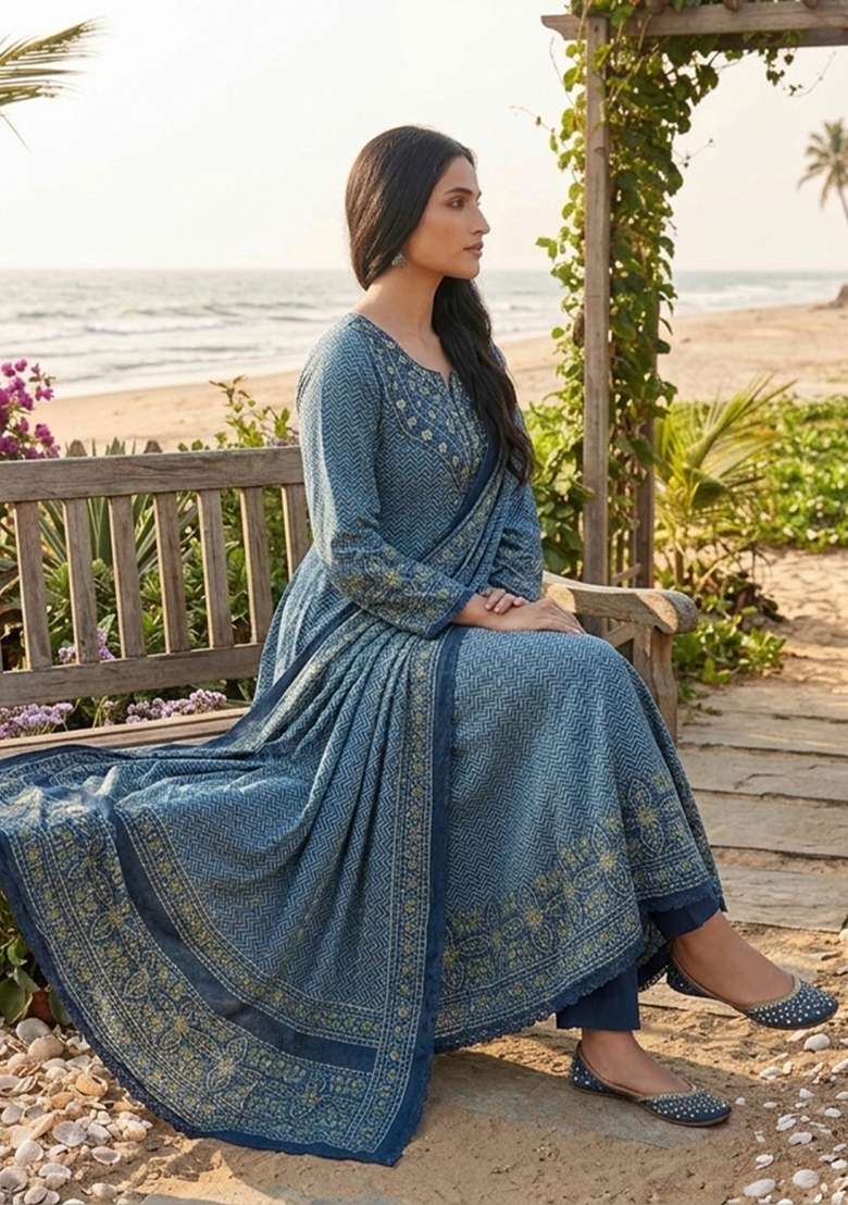 Teal Green Printed Cotton Kurta Set - Indya