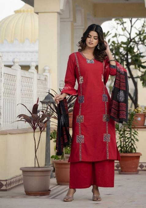 Red Printed Cotton Kurta Set