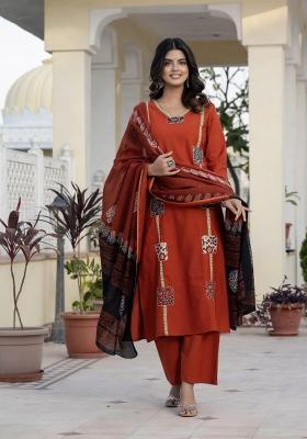 Rust Orange Printed Cotton Kurta Set