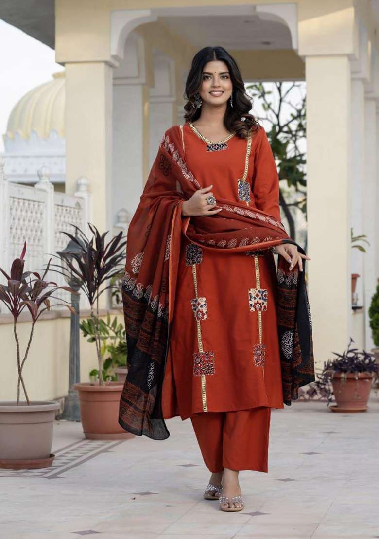 Rust Orange Printed Cotton Kurta Set - Indya