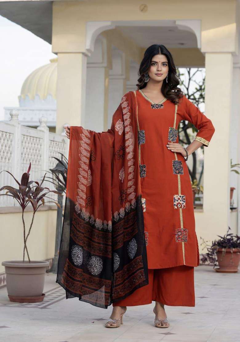 Rust Orange Printed Cotton Kurta Set - Indya