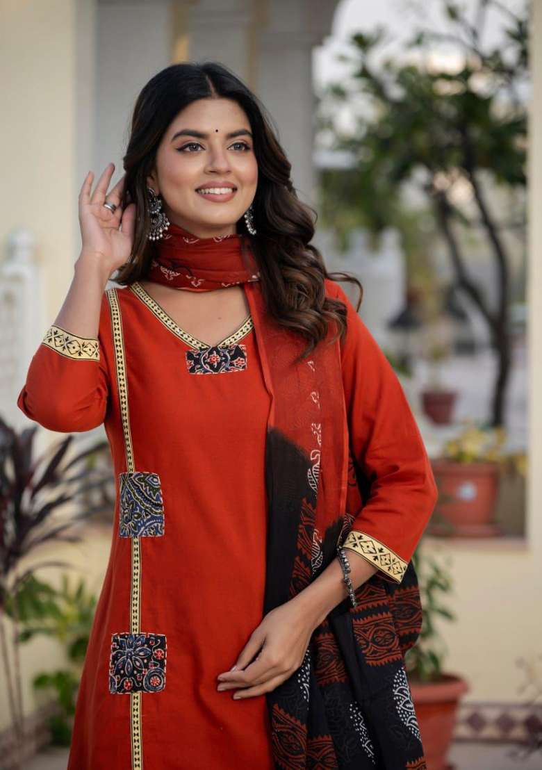 Rust Orange Printed Cotton Kurta Set - Indya