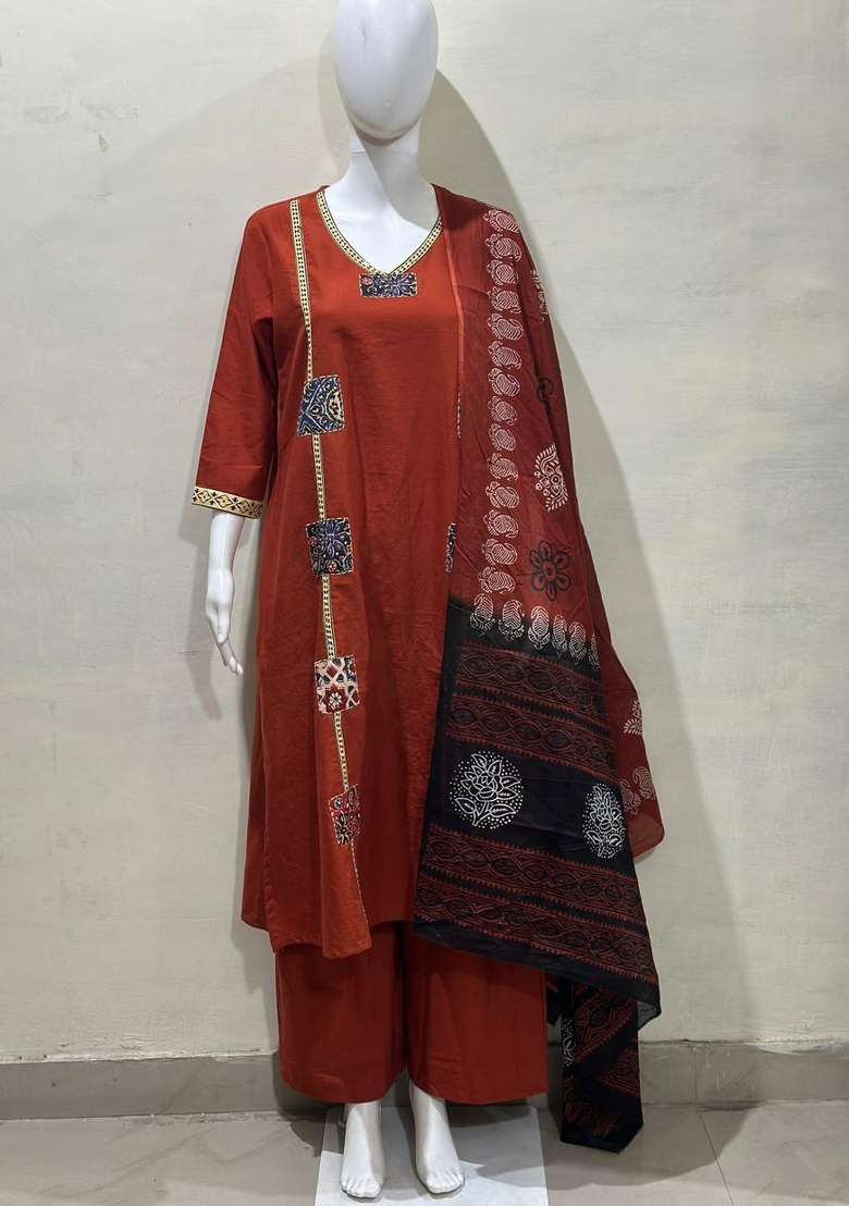 Rust Orange Printed Cotton Kurta Set - Indya