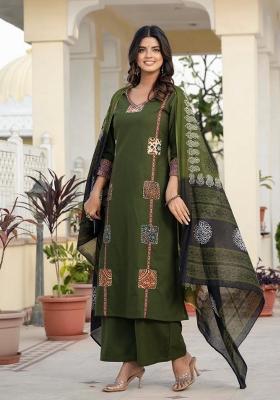 Green Printed Cotton Kurta Set