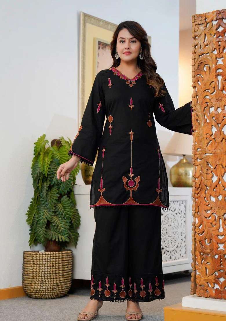 Black Printed Cotton Kurta Set - Indya