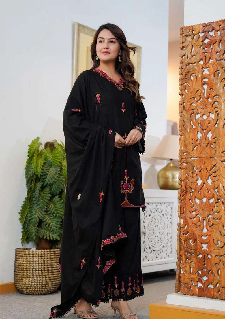 Black Printed Cotton Kurta Set - Indya