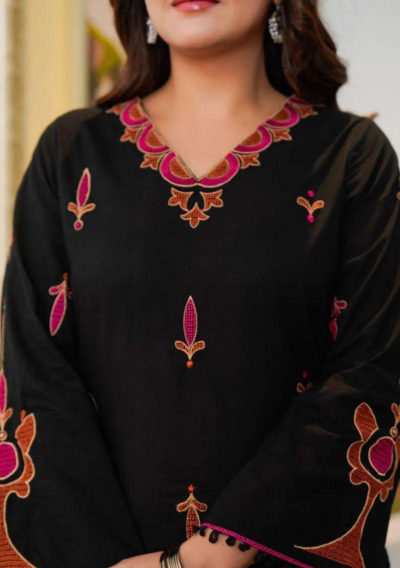 Black Printed Cotton Kurta Set - Indya