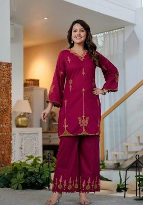 Wine Printed Cotton Kurta Set